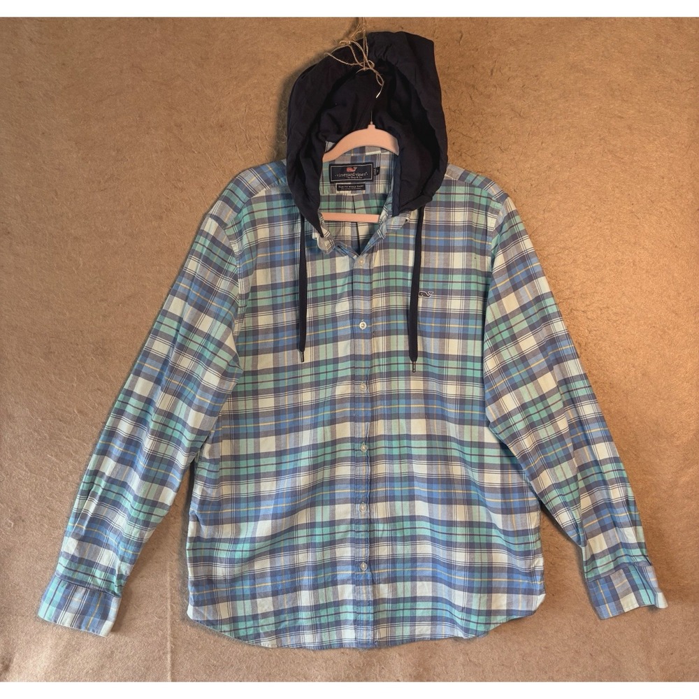Vineyard‎ Vines Hooded Flannel Whale Shirt Mens Sz XL Blue Green Plaid Slim Fit